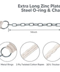 Portable Two Person Tree Hammock With Hardwood Spreader Bar And Extra Large Pillow For Indoor Outdoor Use In Gray showing zinc plated steel chain and metal ring.