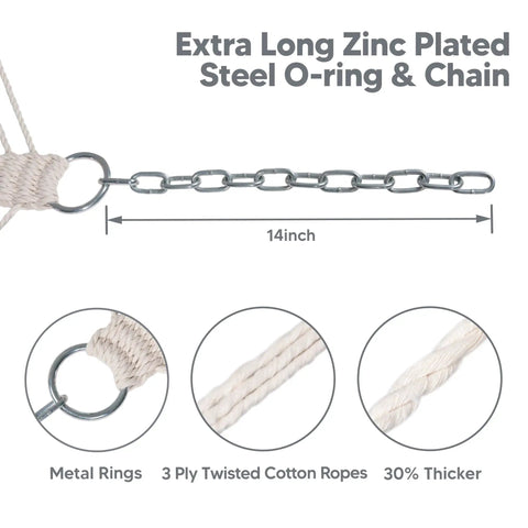 Portable Two Person Tree Hammock With Hardwood Spreader Bar And Extra Large Pillow For Indoor Outdoor Use In Gray showing zinc plated steel chain and metal ring.