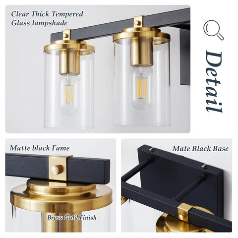 Close-up of 4 Light Modern Vanity Light Fixtures For Bathroom In Matte Black And Brushed Gold With Clear Glass Shades Over Mirror