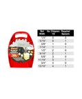 Pro Dado Sets for Six Inch Saws with Ten Tooth Blades and Five Eighth Inch Arbor in red case next to cutting table