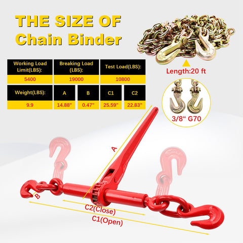 Image of Heavy Duty Chain Binder Grade 70 Ratchet Load Binder For Five Sixteenths To Three Eighths Inch Chains With dimensions and specs