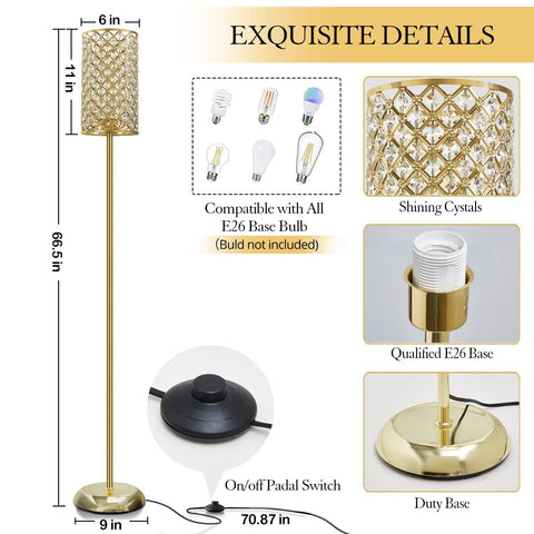 Gold Crystal Floor Lamp With On Off Foot Switch, Tall Modern Lamp with Luxe Crystal Shade and Sturdy 7 Lb Base