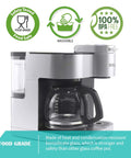 Front view of 12-cup glass coffee carafe replacement for KEURIG K-DUO; clear glass with black handle.