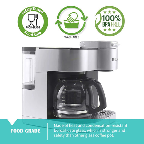 Front view of 12-cup glass coffee carafe replacement for KEURIG K-DUO; clear glass with black handle.