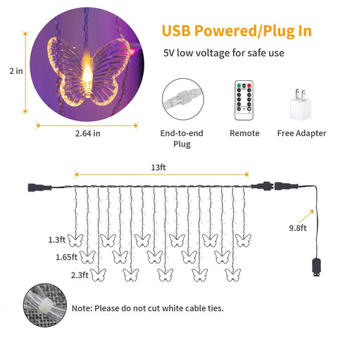 Diagram of Butterfly Curtain Lights 13ft 96 LED Fairy String, USB plug with remote, showing size and plug function.