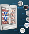 No Fuss Commercial Reach In Freezer 54 Inch Wide Double Glass Door 46 Cubic Feet with adjustable shelves and LED lighting.