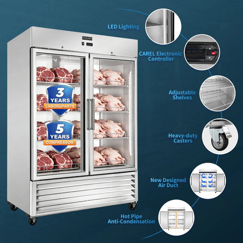 No Fuss Commercial Reach In Freezer 54 Inch Wide Double Glass Door 46 Cubic Feet with adjustable shelves and LED lighting.