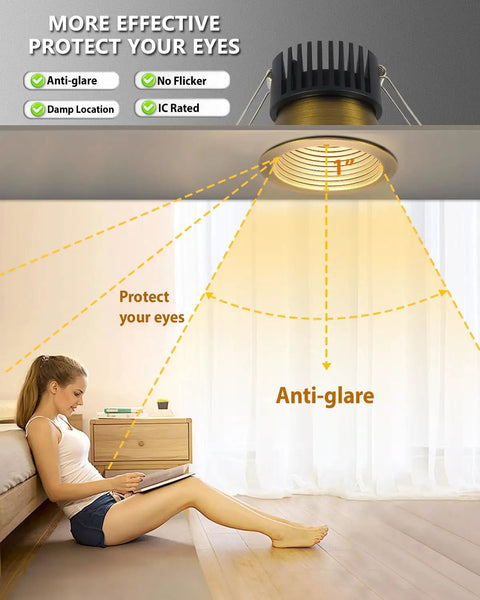 Adetu 4 Pack 3 Inch 5CCT Bronze Anti-Glare LED Recessed Ceiling Light illuminating a room while ensuring eye protection.