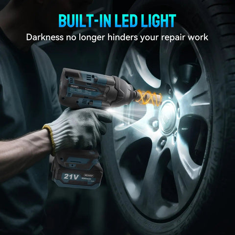 Badass Cordless Impact Wrench Featuring A Brushless Motor That Cranks Out Knockout Torque With Tough As Nails Build Quality Built Like A Tank For Rugged Jobsites And Makita 18V Battery Compatibility, showing use under car wheel with LED light.