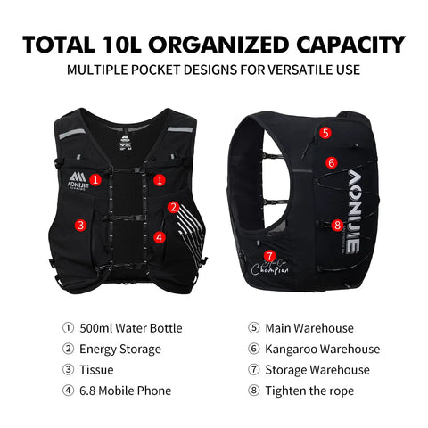 Super Light And Breathable Running Hydration Vest For Guys And Gals On The Trails 10 Liter Capacity pocket design and sections