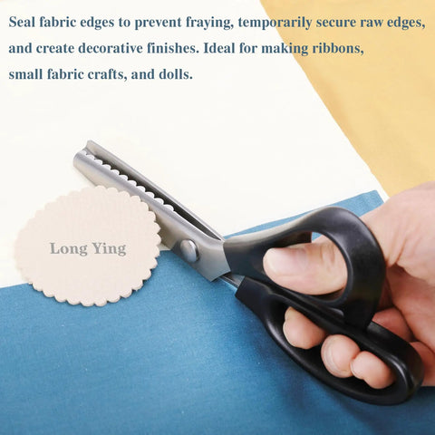 Scalloped Pinking Shears For Fabric And Dressmaking, Pro Grade Ultra Sharp Stainless Steel Zigzag Scissors, 7mm blade on blue fabric