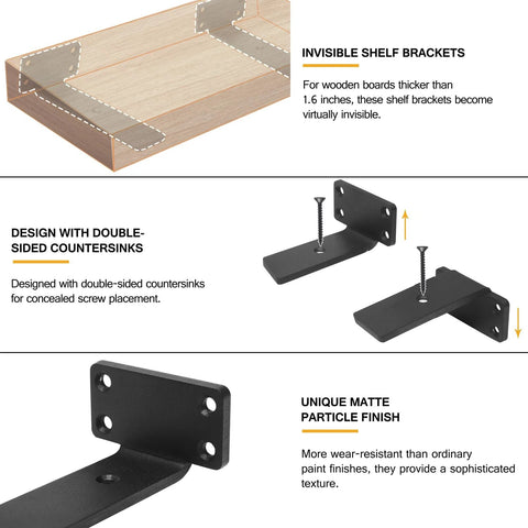 Heavy Duty Floating Shelf Brackets 4 Inch L Shaped Iron Wall Supports with Hidden Countersunk Design and Matte Black Finish