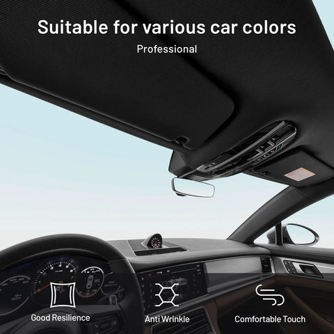 Hiksuky auto headliner fabric installed in car interior; foam-backed, black mesh, 97 in L × 60 in W.