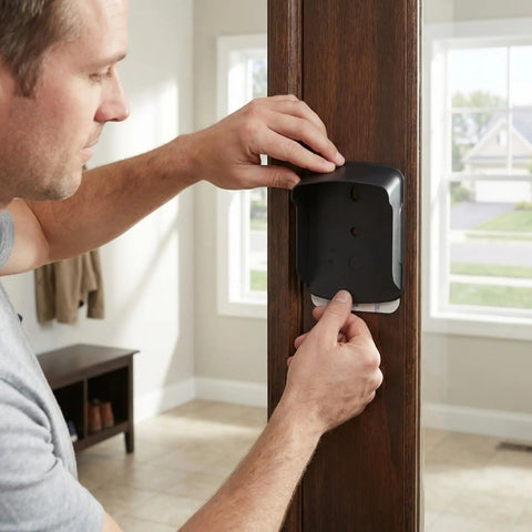 Man installing Waterproof Doorbell Cover Rain Guard for outdoor access control on wooden door frame indoors