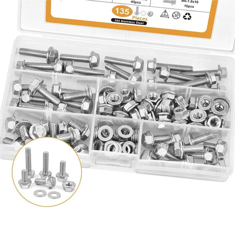 135 Piece M6 Flange Bolt Kit Heavy Duty With Nuts And Flat Washers In 304 Stainless Steel display case