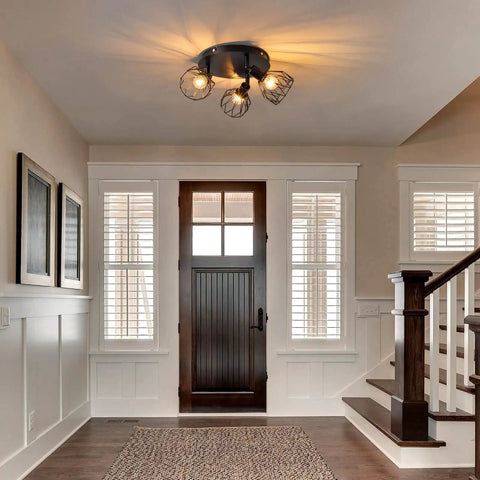 Three Light Ceiling Mount Kitchen Fixture With Multi Directional Rotating Black Iron Lamp Shades For Farmhouse Style Kitchens Dining Rooms Porches And Hallways E12 Bulb Not Included in hallway setting