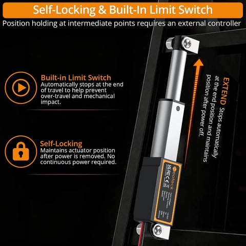 Straight Shooting 12 Volt Telescoping Linear Actuator With One Point Two Inch Stroke, showcasing built-in limit switch and self-locking mechanism.