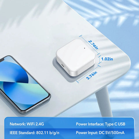 G2 WiFi Gateway For TTLock Keyless Entry, Bluetooth Deadbolt Hub on table, showing size dimensions