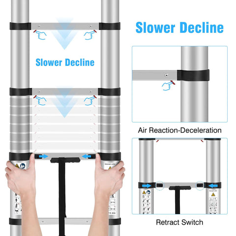10.5 Ft Aluminum Telescoping Ladder With One Button Retraction Collapsible Extension For Home RV Attic And Loft Supports Up To 330 Lbs With Non Slip Cushions Lightweight And Easy To Carry. Retract switch close-up