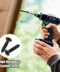 Person using drill with Premium Grade Six Gauge X One Inch Black Wood Screws 120 Piece Pack Carbon Steel Construction for wood projects.