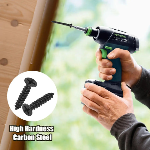 Person using drill with Premium Grade Six Gauge X One Inch Black Wood Screws 120 Piece Pack Carbon Steel Construction for wood projects.