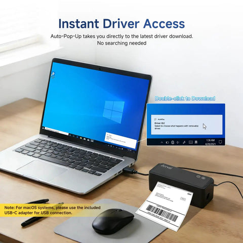 Laptop next to a Bluetooth Thermal Label Printer With Stand Go-To Wireless 4x6 Shipping Label Printer for Small Biz Easy Setup Works With iPhone Android Windows Mac Great For USPS Amazon Etsy Shopify Sleek Black on desk
