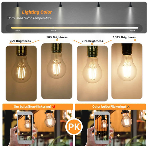 Dimmable Edison LED Filament Bulb 4W 470 Lumens, A19 E26 Base, brightness comparison, soft warm white 3000K, vintage clear glass