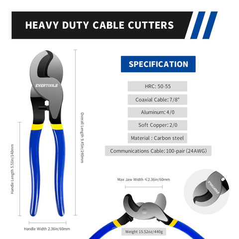 Rock Solid Heavy Duty Cable Cutter For Thick Battery Copper And Aluminum Wires With Ergonomic Comfort Grip And High Leverage Design For Chopping Through Tough Cables Without Breaking A Sweat On The Jobsite - carbon steel material and specifications