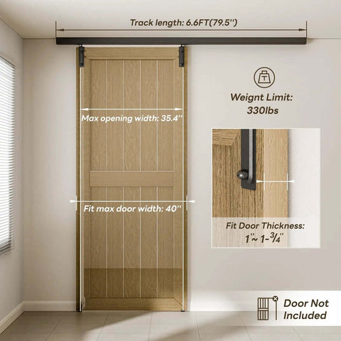 6.6 Foot Ceiling Mount Box Rail Barn Door Hardware Kit installed, showing sliding track and dimensions, no door included.