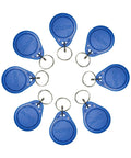 Nine blue 100 Pack 125KHz RFID Key Fob Tags EMID Read Only For Door Access Control EM4100 4102 Compatible ID Fobs in a circle.