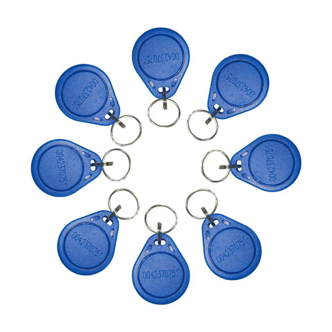 Nine blue 100 Pack 125KHz RFID Key Fob Tags EMID Read Only For Door Access Control EM4100 4102 Compatible ID Fobs in a circle.