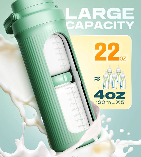 Mama Approved Portable Breast Milk Cooler Bottle Includes Two 11 Oz Baby Bottles 22 Oz Insulated Grab And Go Chiller Keeps Pumped Milk Ice Cold For Travel On The Fly with measuring markings.