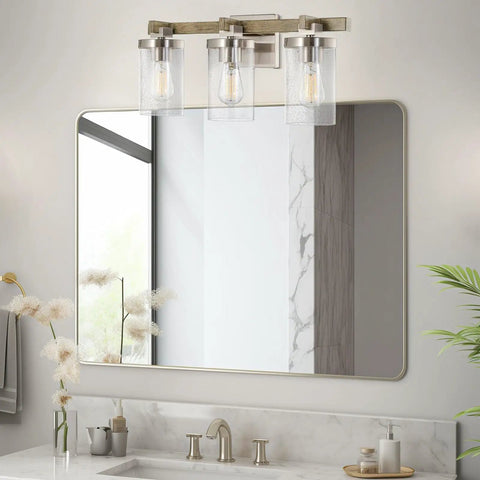 Farmhouse Vanity Light With Seeded Glass Cylinders, Three Light Fixture In Reclaimed Oak Wood And Brushed Nickel Finish, Bathroom