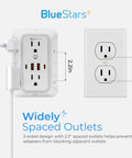 No Cap Wall Mount Power Strip With 6 Widely Spaced Outlets And 4 Rapid Charge USB Ports Includes Chill Night Light and dimensions for adapters.