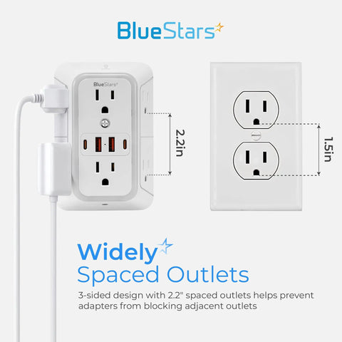 No Cap Wall Mount Power Strip With 6 Widely Spaced Outlets And 4 Rapid Charge USB Ports Includes Chill Night Light and dimensions for adapters.