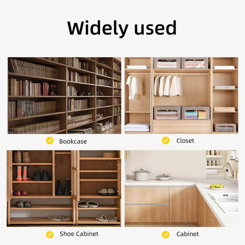 Image showing various uses of furniture storage options including a bookcase, closet, shoe cabinet, and kitchen cabinet.