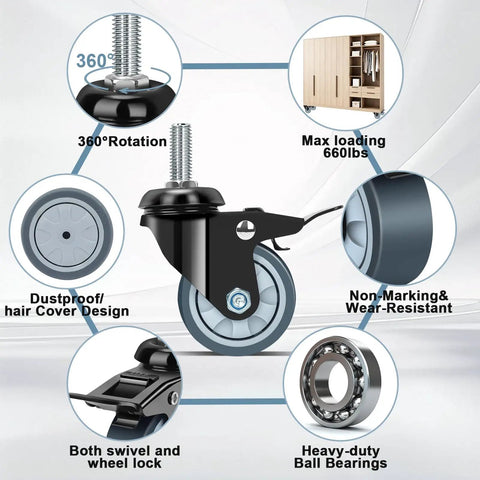 Heavy Duty Swivel Caster Wheels Set Of 4 With Dual Locking Brakes And 2 Inch Industrial Casters showing dustproof design and 360° rotation.
