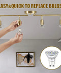 Gold Finish LED 4 Light Track Lighting Kit With Rotatable Heads And Foldable Track Fixtures easy bulb replacement shown