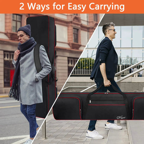 Man carrying 88 Key Keyboard Case Gig Bag with Padded Interior over shoulder and another carrying with sturdy handle