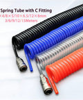 Premium Extra Heavy Duty PU Compressor Hose With A Snappy Flexible Spring Like Fit For Pneumatic Tools, Orange 12X8MM 33Foot Pro Garage Ready Air Tubing Setup, featuring various colors and fittings.