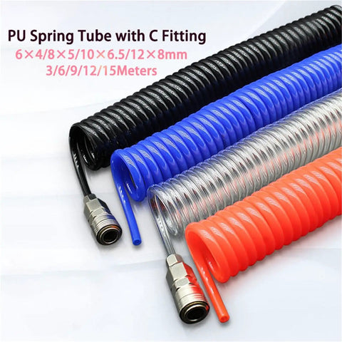 Premium Extra Heavy Duty PU Compressor Hose With A Snappy Flexible Spring Like Fit For Pneumatic Tools, Orange 12X8MM 33Foot Pro Garage Ready Air Tubing Setup, featuring various colors and fittings.