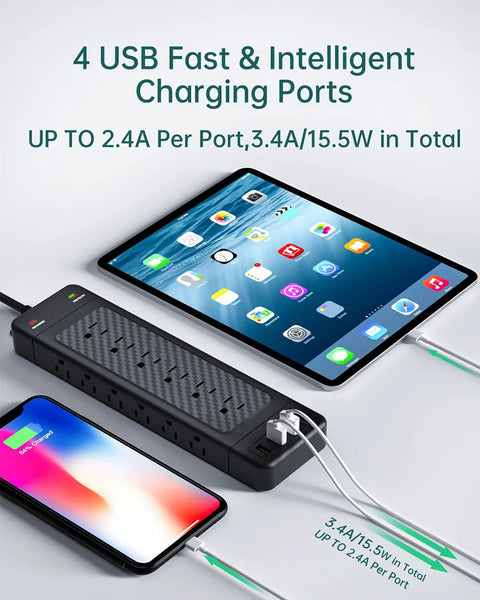 18 Outlet Surge Protector Power Strip With USB Ports And Flat Plug charging tablet and phone on a desk.