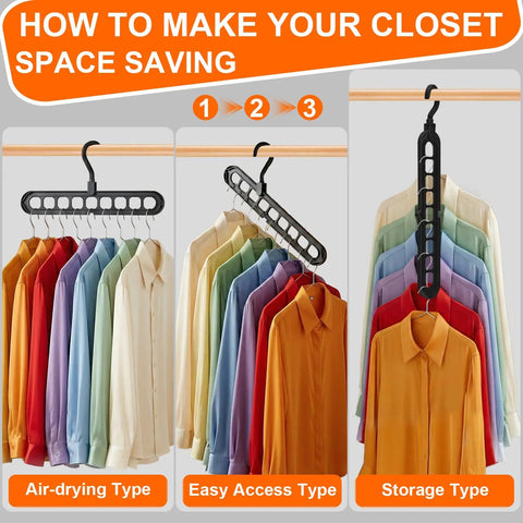 Space Saving Dorm Room Hangers Pack Of 6 With 9 Holes showing air-drying, easy access, and storage options with colorful shirts.
