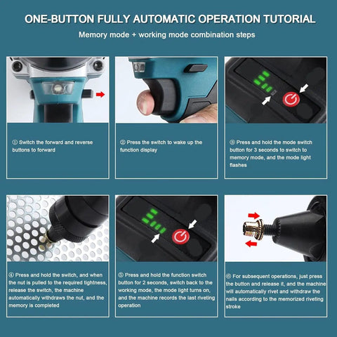 Heavy Duty Brushless Cordless Rivet Gun With Six Interchangeable Tips For Knocking Out Threaded Rivet Nuts And Metal Hardware Zero Cord Hassle Built Tough For Garage Work operation tutorial displays step-by-step instructions.