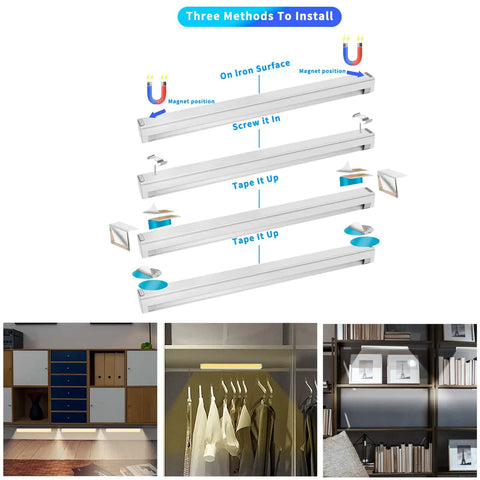 Under Cabinet LED Light Bar Pack Of 3 Linkable 12 Inch Dimmable Strip installation methods and examples in kitchens and closets.