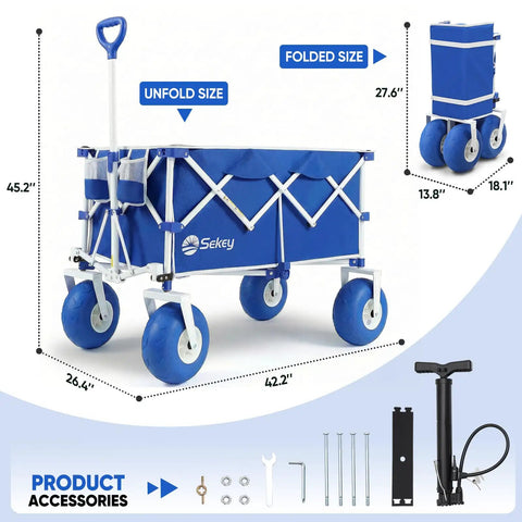 Heavy Duty Beach Wagon With 9 Inch Sand Proof Wheels, 600 Pound Capacity And 200 Liter Oversized Foldable Cart displayed.