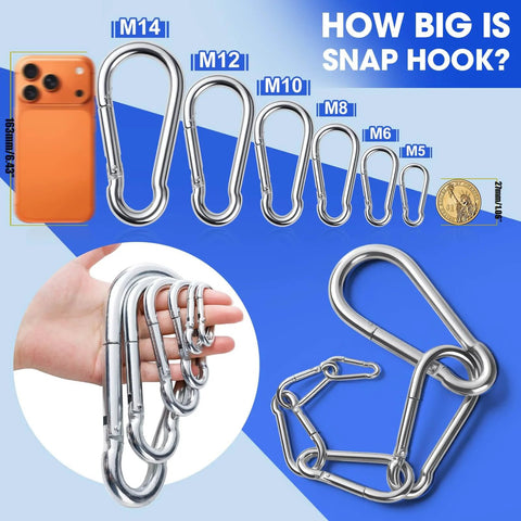 Comparison of carabiner sizes including 50 Pack Heavy Duty Carabiners M8 Five Sixteenths Inch Diameter Spring Snap and others against phone and coin.