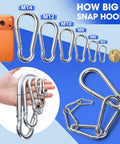 Front view of 10-pack 5.5-inch stainless steel spring snap hooks; heavy-duty carabiners for outdoor use