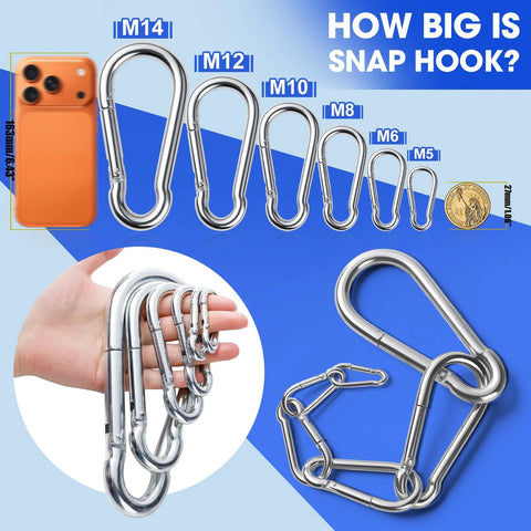 Front view of 10-pack 5.5-inch stainless steel spring snap hooks; heavy-duty carabiners for outdoor use