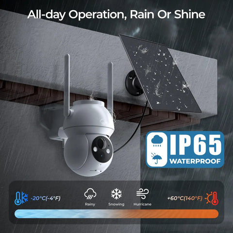 Wireless Outdoor Security Camera System With 2K Color Night Vision 360 Degree Panoramic View Battery Powered Spotlight And Siren WiFi Enabled Motion Sensor Two Way Audio 4 Pack mounted on outdoor wall in rain